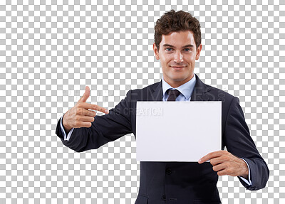 Buy stock photo Business man, blank job poster and portrait with pointing to mockup for deal and announcement. Happy, advertising placard and isolated on a transparent, png background with corporate professional 