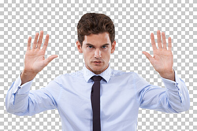 Buy stock photo Portrait of businessman, stop and hand gesture for warning, danger or rejection isolated on transparent png background. Risk, doubt and angry man with hands up, no and compliance for job regulations.