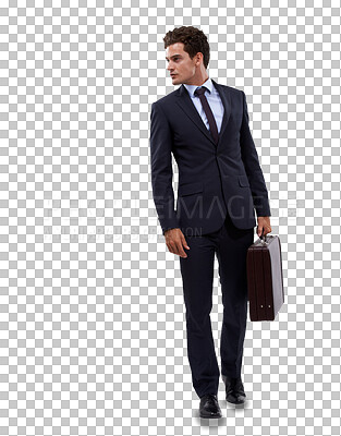 Buy stock photo Suit, fashion and business man with briefcase on isolated, transparent and png background. Trendy, stylish and male person with fashionable, cool and professional aesthetic posing with confidence