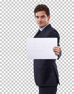 Buy stock photo Business man profile, poster advertising and portrait of worker with mockup space for deal and news. Promo, deal and announcement sign with a male executive isolated on a transparent, png background