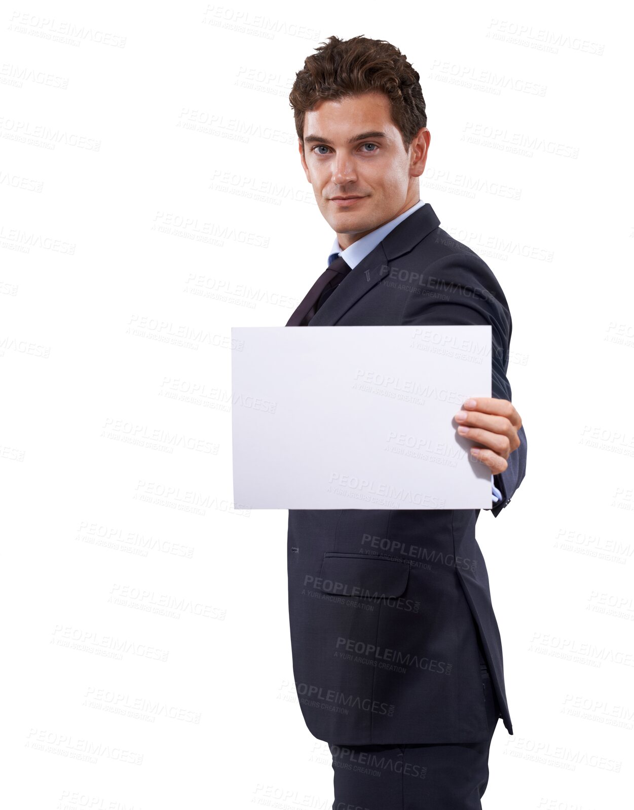 Buy stock photo Business man profile, poster advertising and portrait of worker with mockup space for deal and news. Promo, deal and announcement sign with a male executive isolated on a transparent, png background