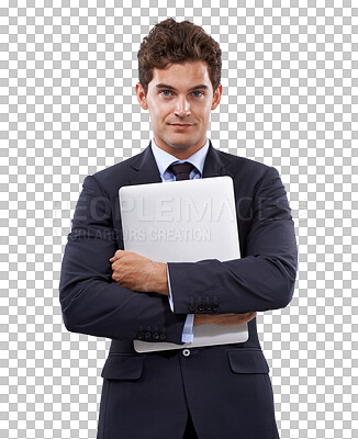 Buy stock photo Tablet hug, portrait and business man embrace digital tech for report, research project or corporate info security. Safety, confidential or professional person isolated on transparent, png background