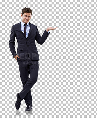 Buy stock photo Portrait, product and palm with a business man isolated on a transparent background for advertising or marketing. Corporate, presentation and branding with a young male employee holding a logo on PNG