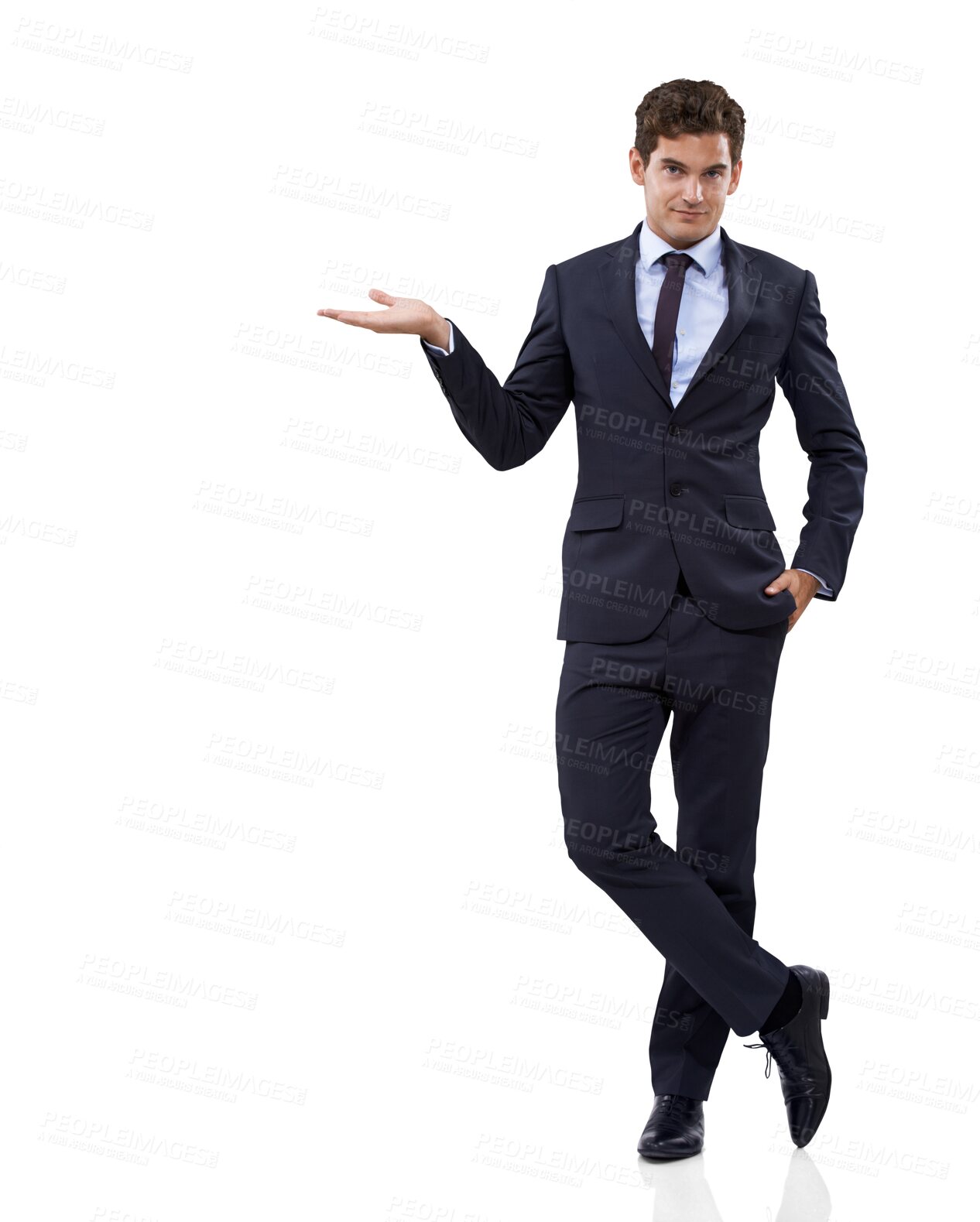 Buy stock photo Portrait of businessman showing offer isolated on transparent png background, deal and promo at tradeshow. Presentation, launch and man pointing at startup proposal, information review or feedback.