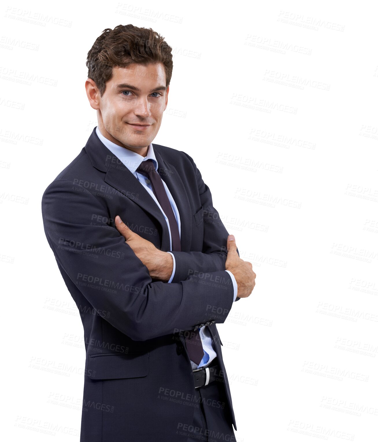 Buy stock photo Arms crossed, businessman and portrait for work isolated on a transparent, png background. Professional, employee and young male person with happy smile and inspiration for career and job success