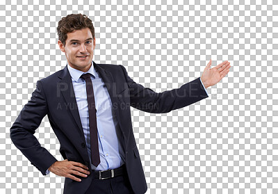 Buy stock photo Portrait of man showing business presentation isolated on transparent png background, deal and promo at tradeshow. Smile, ideas and man pointing, startup proposal with information review or feedback.