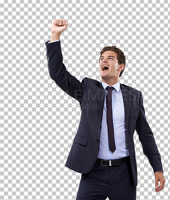 Buy stock photo Winner, success and motivation with a business man isolated on a transparent background in celebration. Wow, happy and fist with a male employee in a suit cheering in victory or triumph on PNG