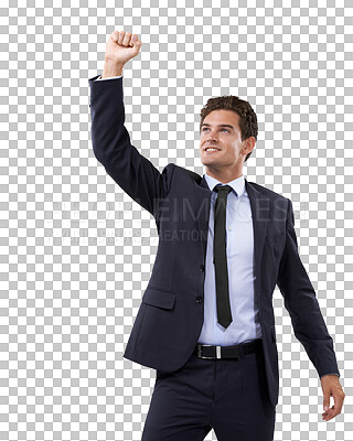 Buy stock photo Winner, success and wow with a business man isolated on a transparent background in celebration. Motivation, happy and fist with a male employee in a suit cheering in victory or triumph on PNG