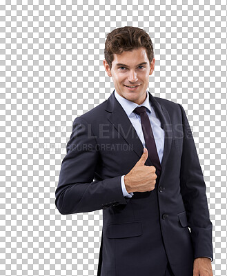 Buy stock photo Business, portrait and man with thumbs up or thank you sign on isolated, transparent or png background. Face, yes and male person with good news, feedback or review, symbol or success finger emoji