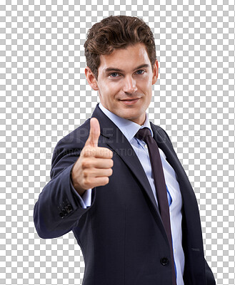 Buy stock photo Portrait, thumbs up and business man with thank you sign on isolated, transparent or png background. Face, yes and male person with good news, feedback or review, symbol or success, vote or emoji