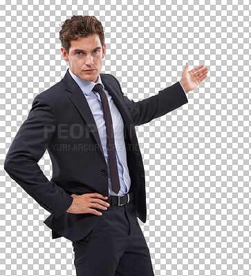 Buy stock photo Corporate advertising, portrait and serious man gesture at sales info, service deal or news information. Ambassador presentation, brand and business person isolated on transparent, png background