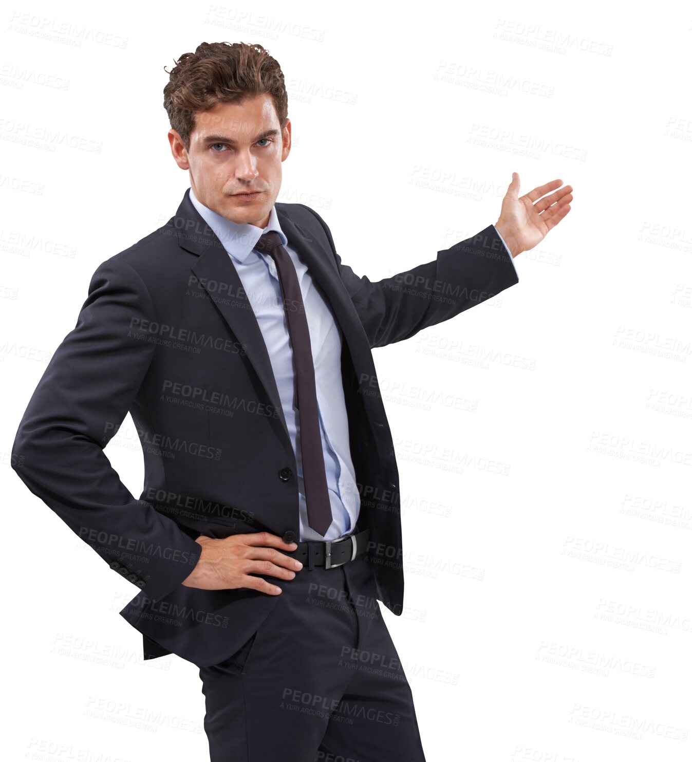 Buy stock photo Corporate advertising, portrait and serious man gesture at sales info, service deal or news information. Ambassador presentation, brand and business person isolated on transparent, png background