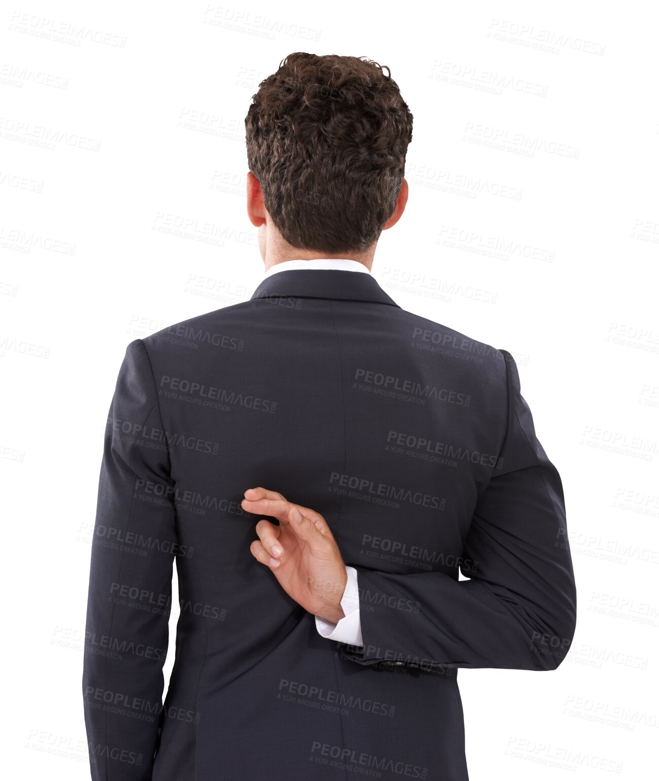 Buy stock photo Back of businessman, promise and fingers crossed isolated on transparent png background with dishonesty for deal. Lies, fake trust and fraud, liar man, scam hand sign for corporate crime from behind.