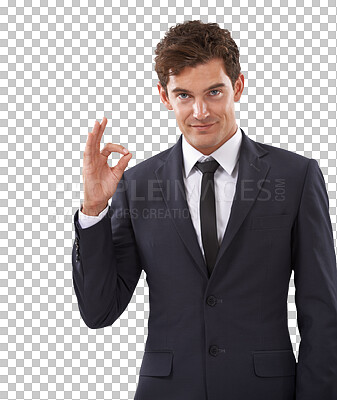 Buy stock photo Business man, portrait and ok sign with professional style isolated on a transparent, png background. Corporate employee or young male person with hands or emoji sign for support, review or feedback