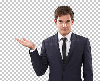 Buy stock photo Portrait of businessman, presentation with hand and isolated on transparent png background, deal and promo at tradeshow. Launch, ideas and man pointing at proposal with information, review or product