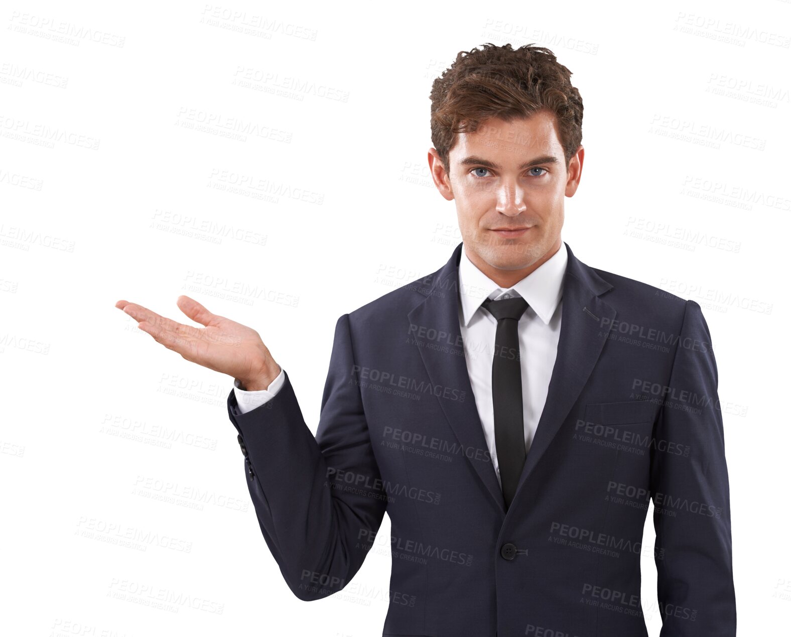 Buy stock photo Portrait of businessman, presentation with hand and isolated on transparent png background, deal and promo at tradeshow. Launch, ideas and man pointing at proposal with information, review or product