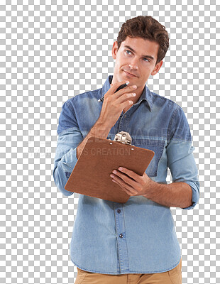 Buy stock photo Thinking, question and documents with a man isolated on a transparent background holding a clipboard. Checklist, planning and idea with a young male person answering a survey questionnaire on PNG