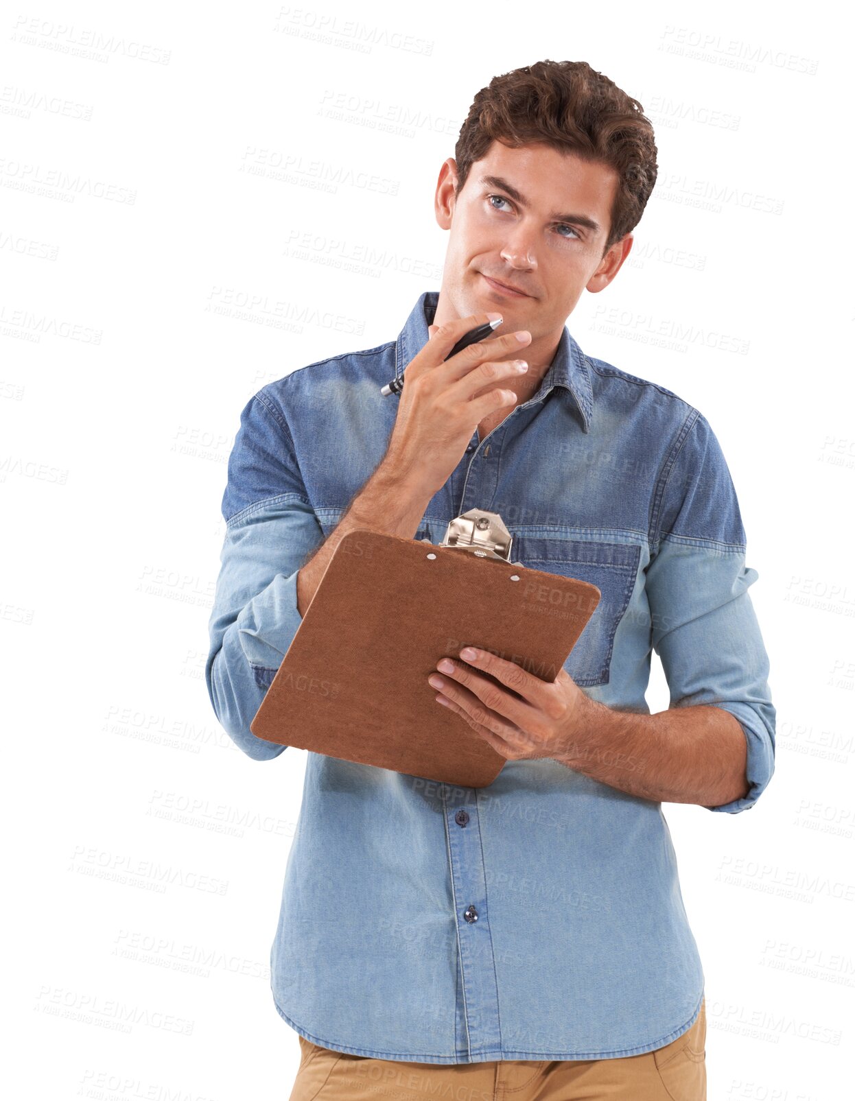 Buy stock photo Thinking, question and documents with a man isolated on a transparent background holding a clipboard. Checklist, planning and idea with a young male person answering a survey questionnaire on PNG