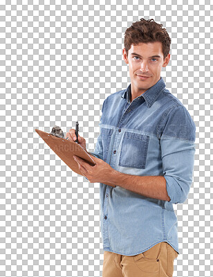 Buy stock photo Clipboard, portrait or man checking stock isolated on transparent png background for order list or quality assurance. Audit, checklist and startup entrepreneur with inventory inspection for delivery.