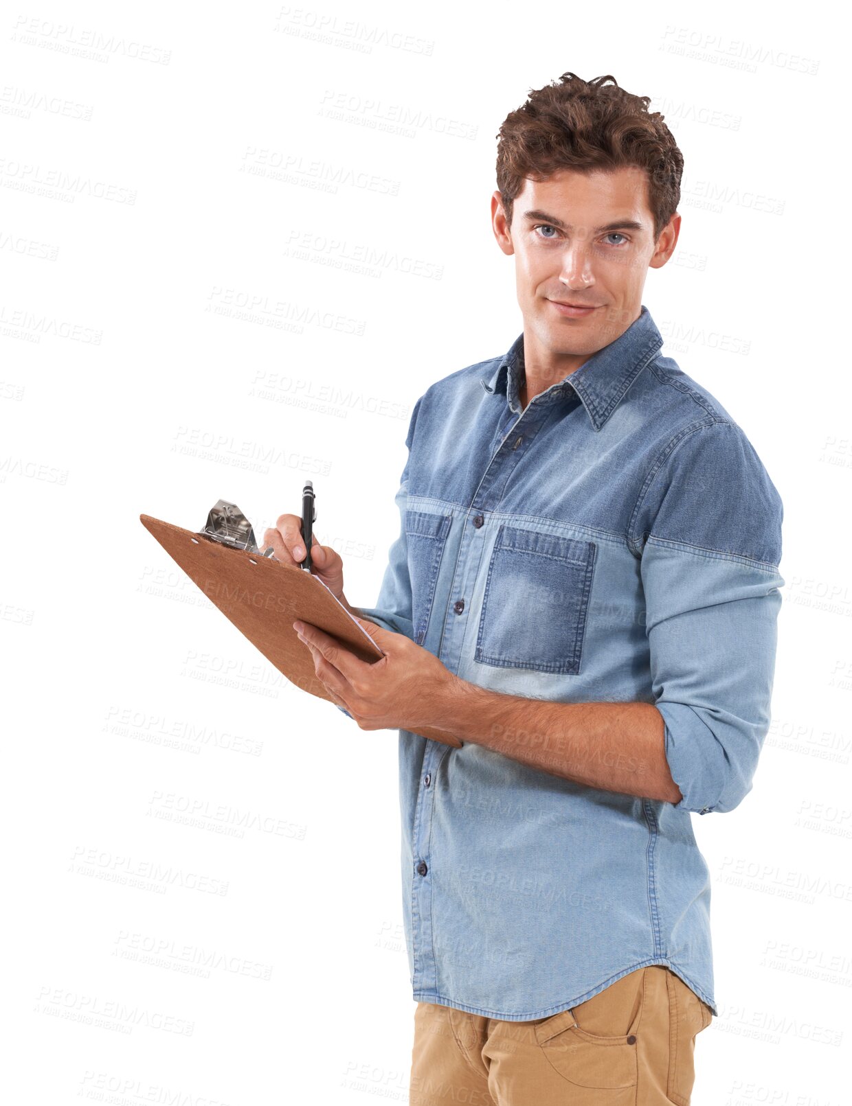 Buy stock photo Clipboard, portrait or man checking stock isolated on transparent png background for order list or quality assurance. Audit, checklist and startup entrepreneur with inventory inspection for delivery.