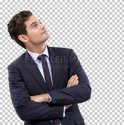 Buy stock photo Arms crossed, corporate businessman and thinking for work isolated on transparent, png background. Professional, employee and male person with ideas and inspiration for career vision and job success