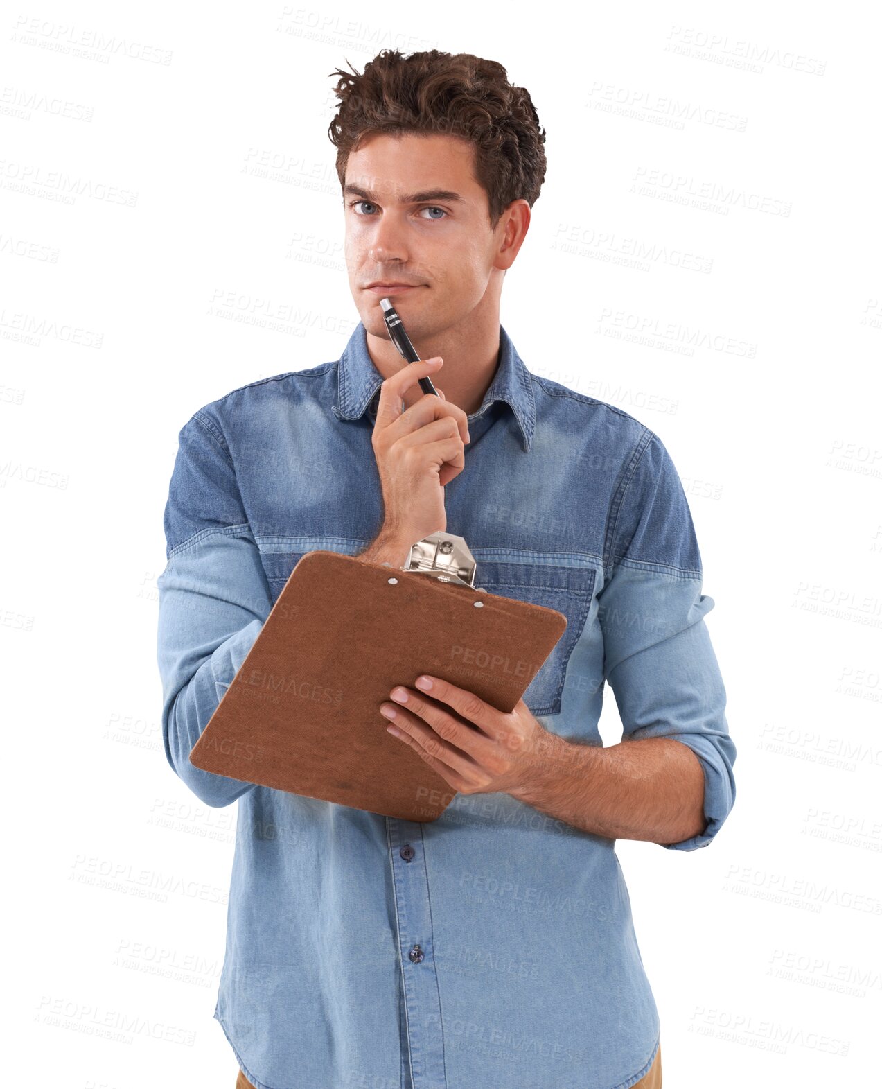 Buy stock photo Clipboard, portrait of man with inventory list isolated on transparent png background for order inspection or quality assurance. Audit, checklist and shipping entrepreneur checking stock for delivery