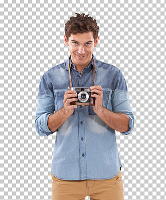 Buy stock photo Man, camera and photographer portrait with a smile isolated on a transparent, png background. Happy male person ready for photography career, hobby or photograph for creative industry and art