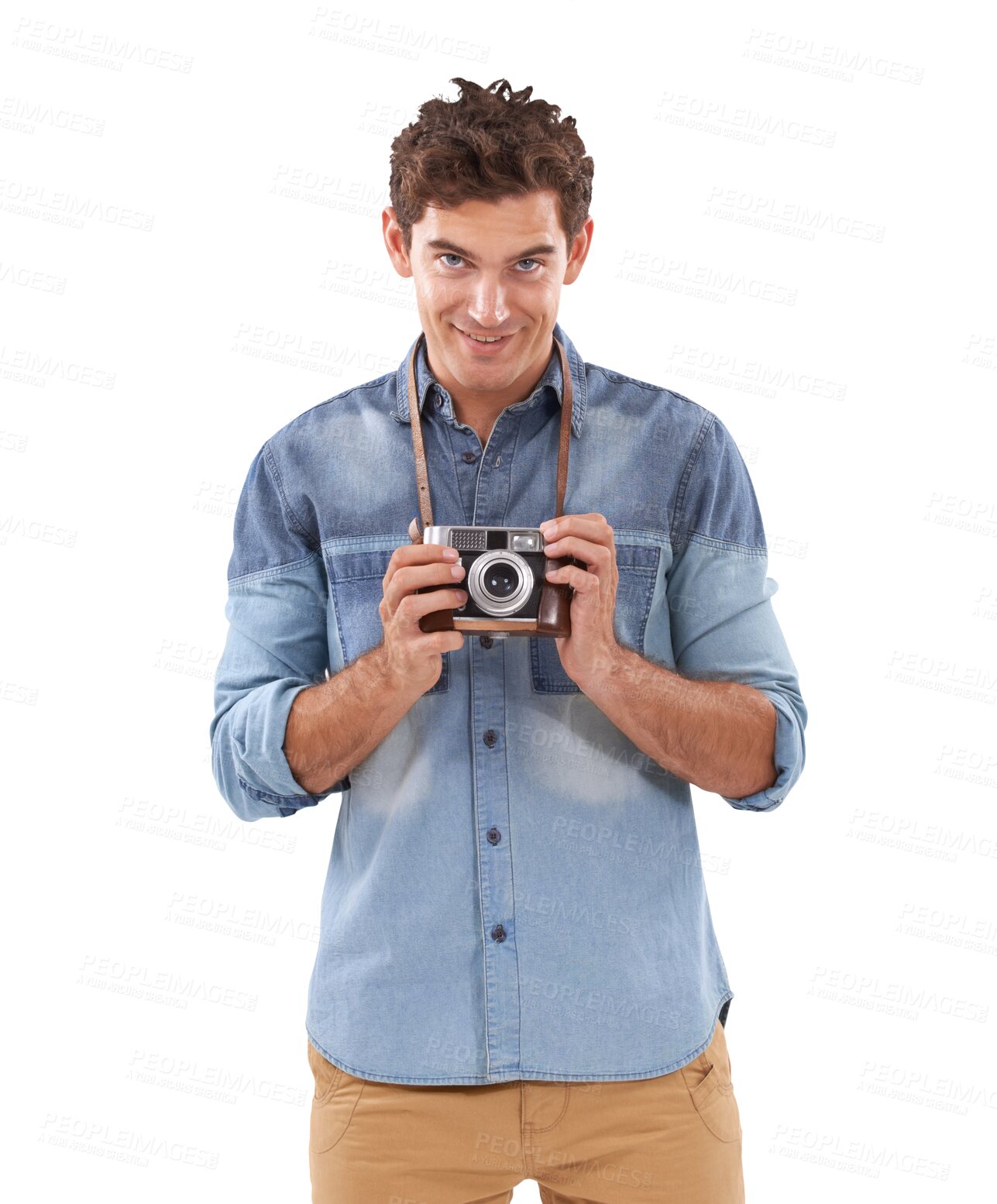 Buy stock photo Man, camera and photographer portrait with a smile isolated on a transparent, png background. Happy male person ready for photography career, hobby or photograph for creative industry and art