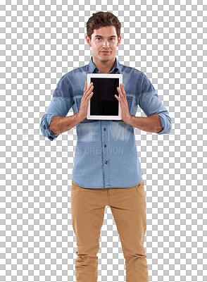 Buy stock photo Screen, portrait and man with online tablet for sales discount, promotion or news notification announcement. Promo commercial, brand logo design and person isolated on transparent, png background