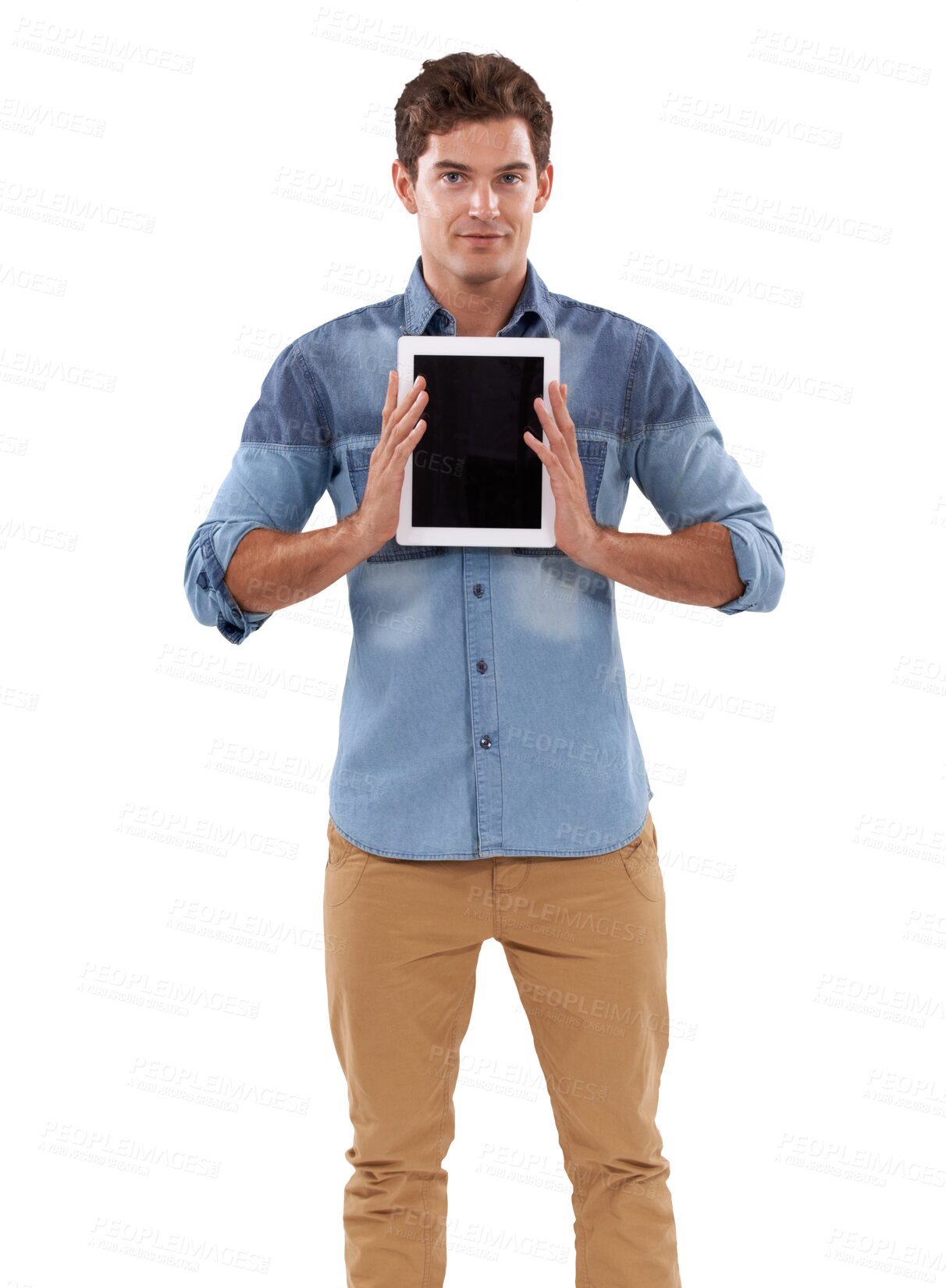 Buy stock photo Screen, portrait and man with online tablet for sales discount, promotion or news notification announcement. Promo commercial, brand logo design and person isolated on transparent, png background