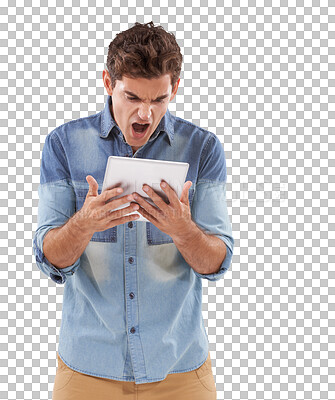 Buy stock photo Tablet, 404 and anger with a frustrated man isolated on a transparent background shouting at an error. Technology, internet glitch and a male screaming while reading bad news over social media on PNG