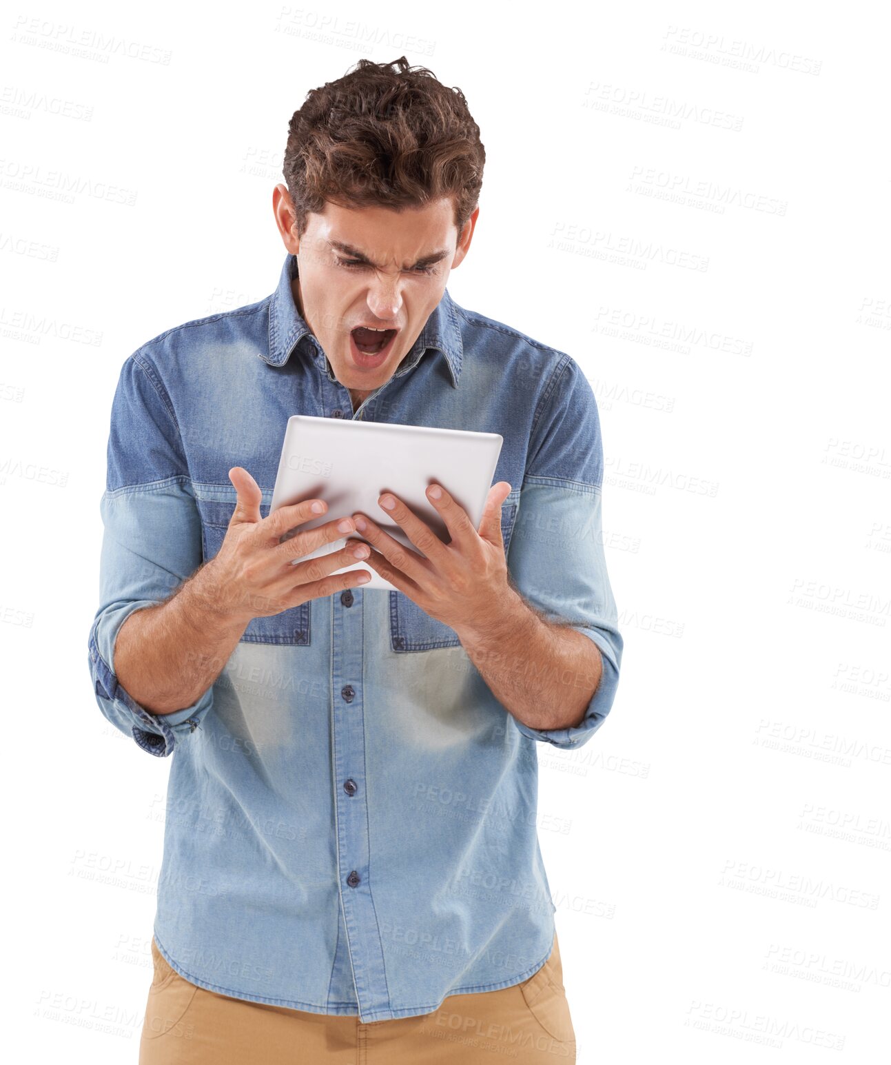 Buy stock photo Tablet, 404 and anger with a frustrated man isolated on a transparent background shouting at an error. Technology, internet glitch and a male screaming while reading bad news over social media on PNG