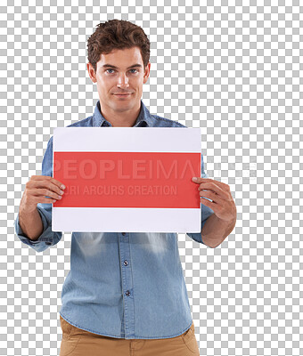 Buy stock photo Portrait, poster and mockup with a man isolated on a transparent background holding a sign. Logo, paper or placard with a handsome young male brand ambassador showing information for marketing on PNG