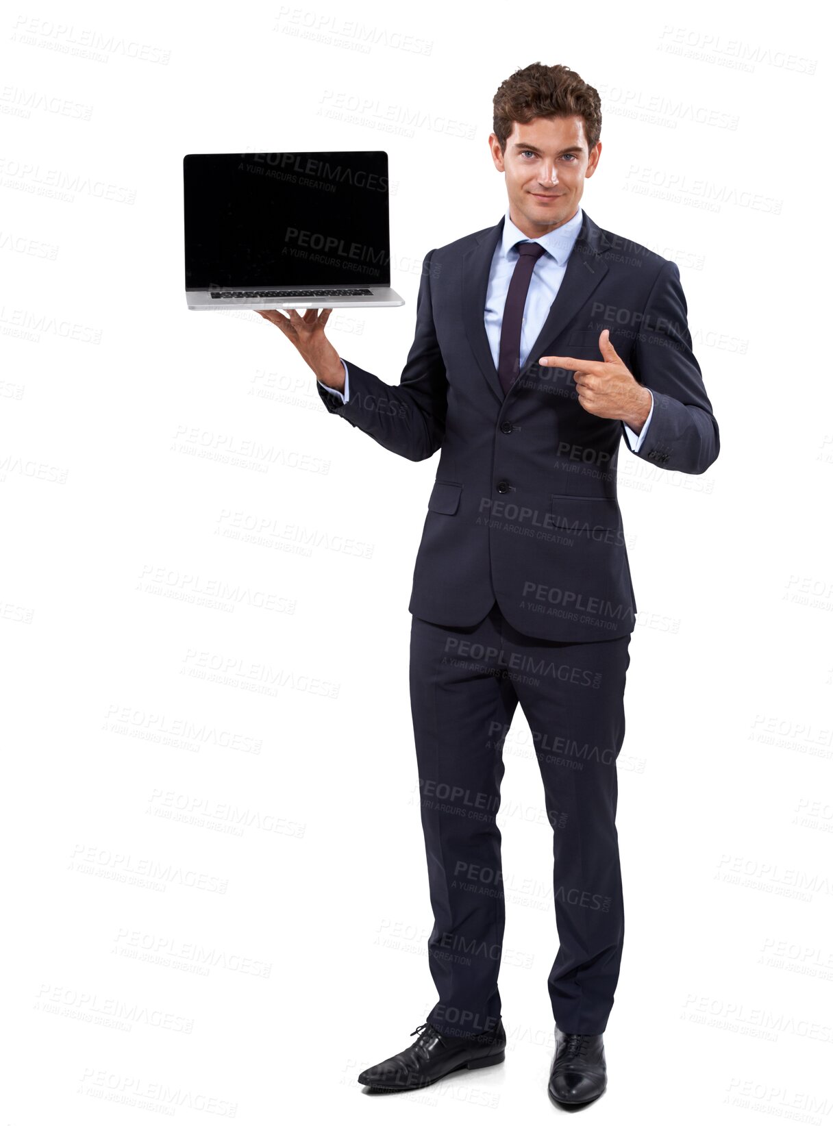 Buy stock photo Businessman pointing, portrait and laptop isolated on transparent png background, review or feedback. Presentation, computer and internet, man showing web information screen, mockup or project space.