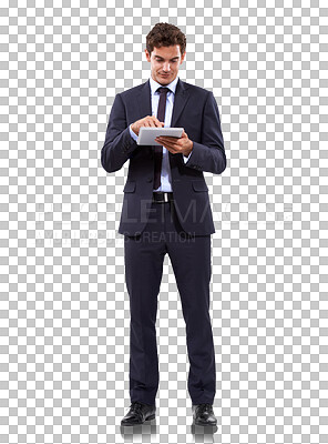 Buy stock photo Tablet, corporate and business man typing, scroll or reading report, research project or feedback of online statistics. Insight, media and professional person isolated on transparent, png background