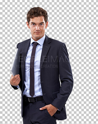 Buy stock photo Portrait, business and man holding a laptop, accounting and confident guy isolated on a transparent background. Male person, employee and financial advisor with a pc, png and technology with success