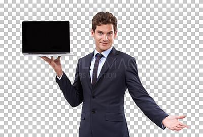 Buy stock photo Businessman, portrait and presentation with laptop isolated on transparent png background with review or feedback. Internet, computer and man showing website information, screen and or mockup space.