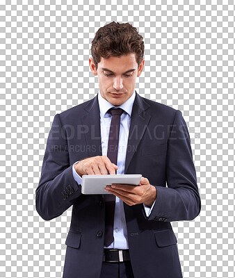 Buy stock photo Tablet, communication and business man check online database, research project or corporate feedback of social media. Analysis, insight and professional person isolated on transparent, png background