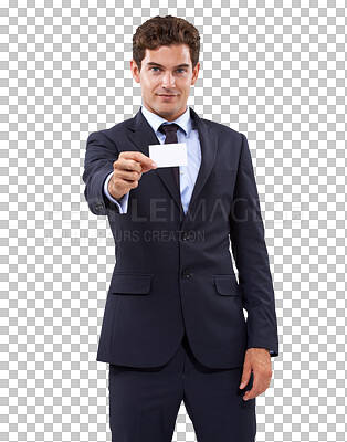 Buy stock photo Man with business card, company advertising and portrait, professional identity isolated on transparent png background. Marketing, contact us and introduction, male employee and note with information