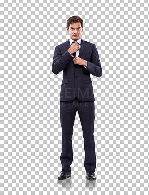 Buy stock photo Portrait, fix tie and business man isolated on a transparent png background. Fashion, stylish suit and serious person, professional or entrepreneur from Australia with confidence for corporate career