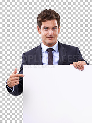 Buy stock photo Business man, poster pointing and portrait of worker with mockup space for deal and advertisement. Promo, deal and announcement sign with a male executive isolated on a transparent, png background