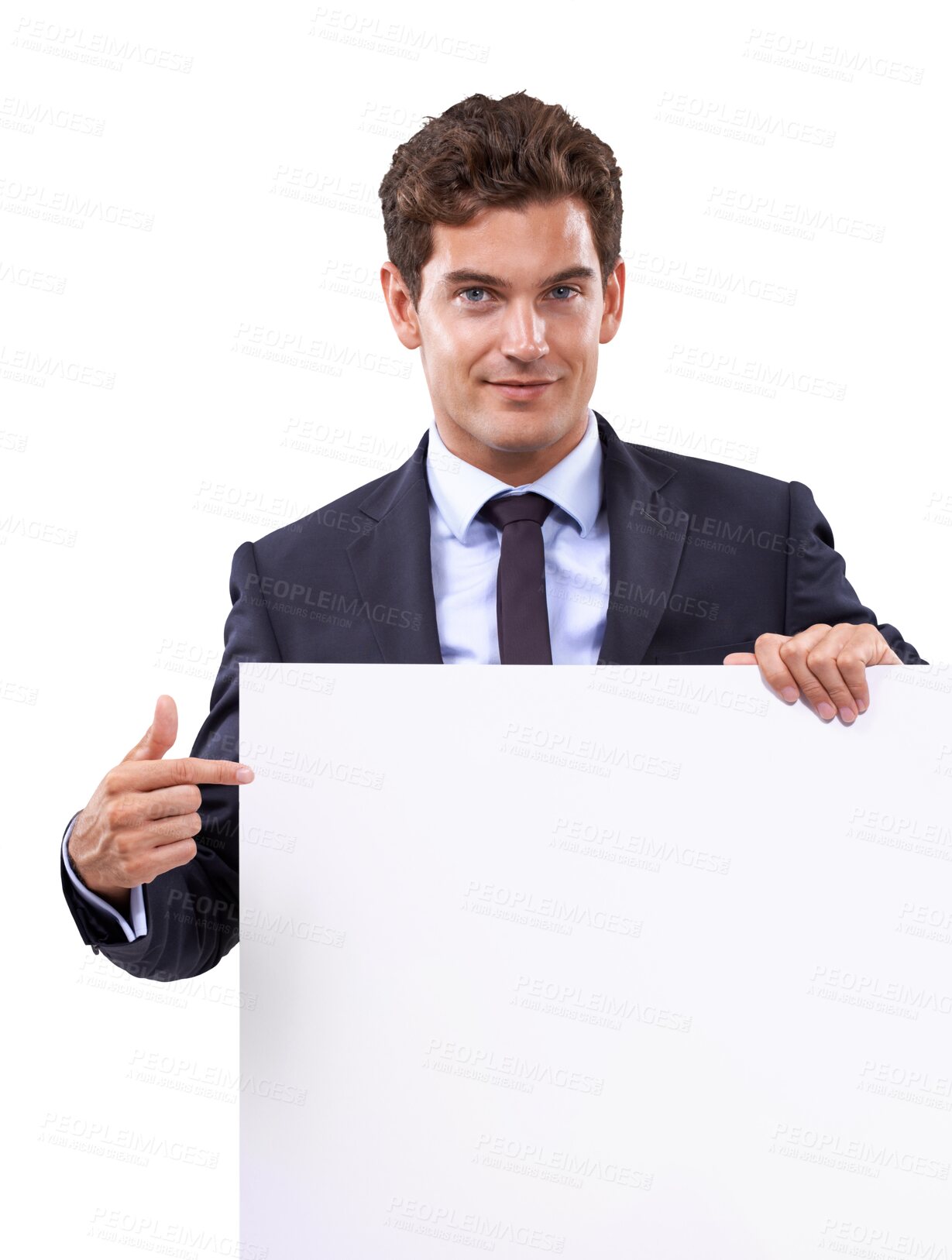 Buy stock photo Business man, poster pointing and portrait of worker with mockup space for deal and advertisement. Promo, deal and announcement sign with a male executive isolated on a transparent, png background