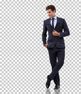 Buy stock photo Business man, thinking and confidence with professional style isolated on a transparent, png background. Corporate employee, worker or young male person with formal suit, fashion and stylish clothes