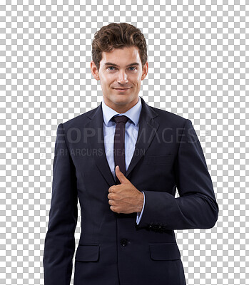 Buy stock photo Business man, thumbs up portrait and professional success isolated on a transparent, png background. Corporate employee, worker and young male person with emoji, like and happy hand sign with smile