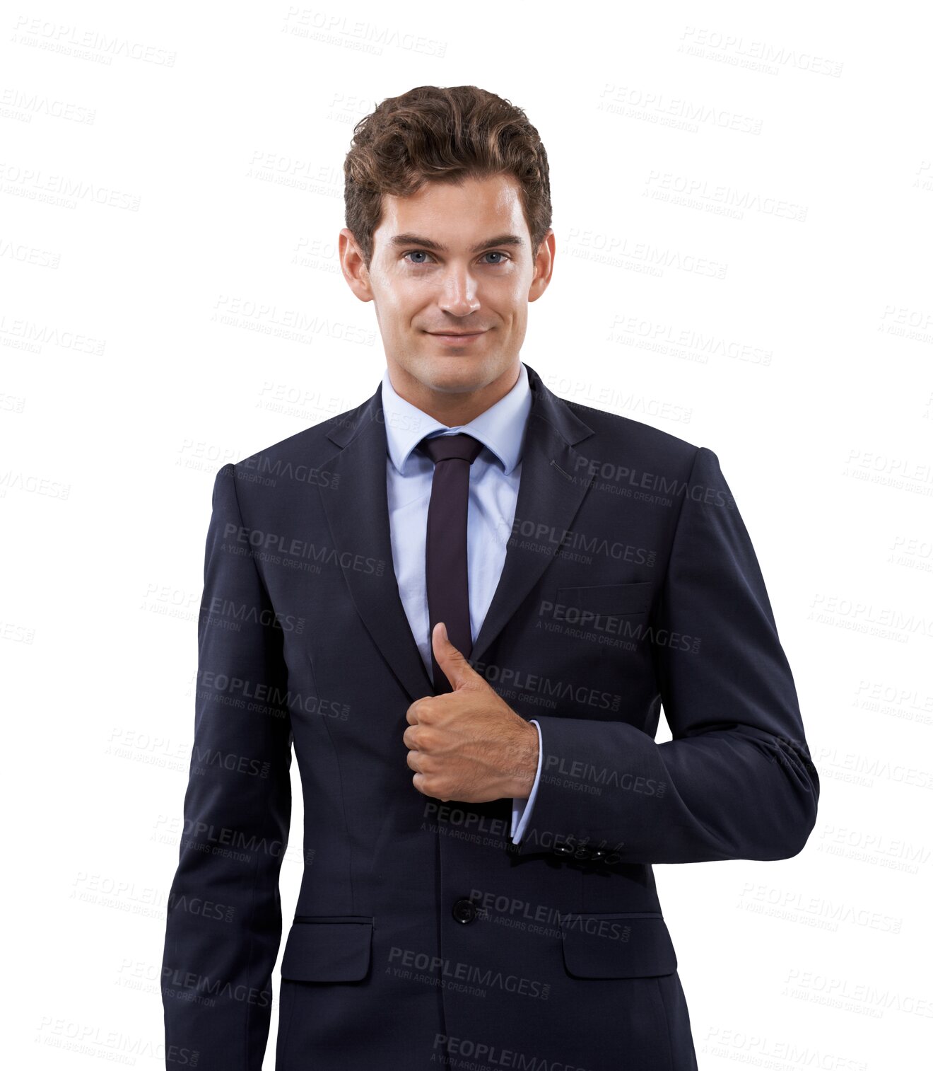 Buy stock photo Business man, thumbs up portrait and professional success isolated on a transparent, png background. Corporate employee, worker and young male person with emoji, like and happy hand sign with smile