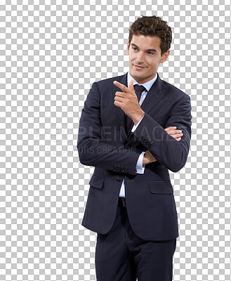 Buy stock photo Business man, smile and pointing finger or advertising isolated on a transparent, png background. Corporate employee or young male person with hand sign for marketing, presentation or announcement