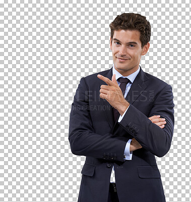 Buy stock photo Portrait of businessman pointing, smile and isolated on transparent png background, deal and promo at tradeshow. Tips, ideas and man pointing at startup proposal with information, review or feedback.