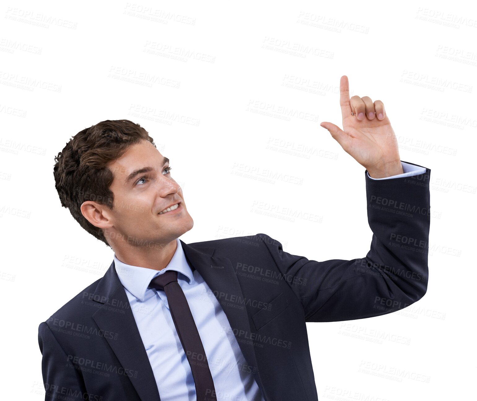 Buy stock photo Business promotion, pointing up or happy man gesture at sale discount deal, corporate info or notification. Promo commercial, brand logo or professional person isolated on transparent, png background