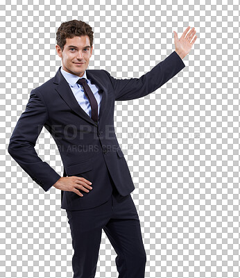 Buy stock photo Portrait of businessman showing proposal isolated on transparent png background, deal and promo at tradeshow. Smile, ideas and man pointing, startup presentation with information review or feedback.