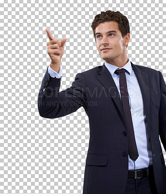 Buy stock photo Businessman, pointing and startup presentation isolated on transparent png background, deal and promo at tradeshow. Opinion, ideas and man showing job proposal with information, review or feedback.